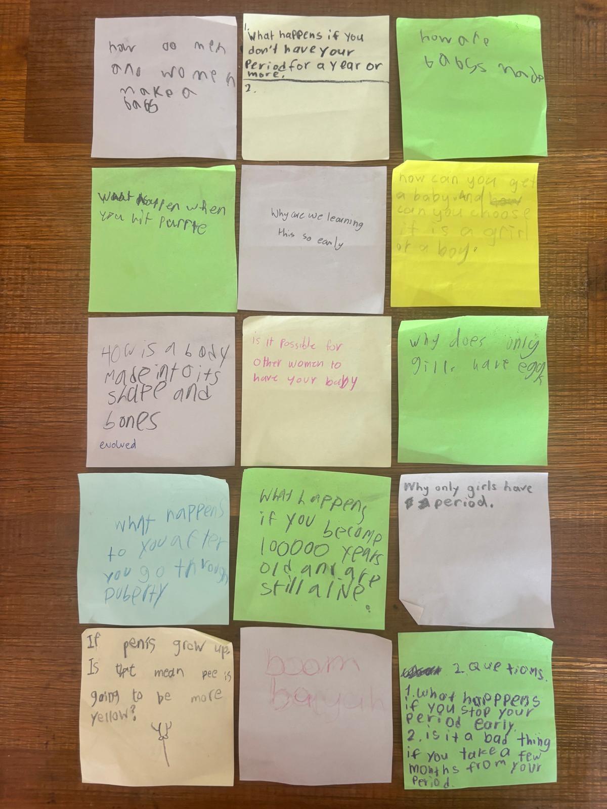Sticky notes with children's questions in their own handwriting